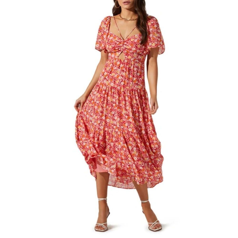 ASTR Floral Cutout Lace-up Midi Dress In Red Multi floral | Size M‎